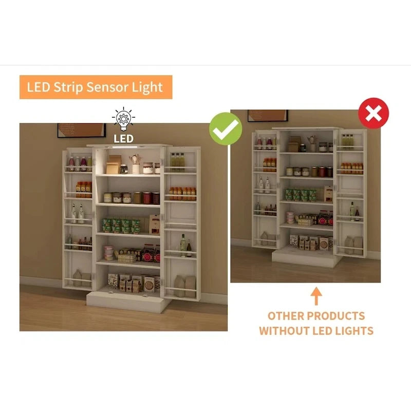 Meuble de rangement de cuisine à LED, buffet autoportant avec 2 portes et étagères réglables