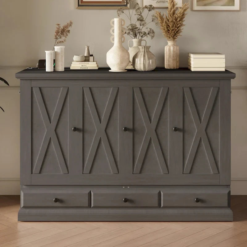 Solid Pine Wood Murphy Bed Chest Cube Cabinet Bed with Charging Station and Large Storage Drawer
