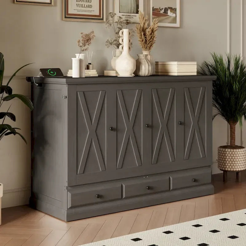 Armoire de lit escamotable avec station de charge et grand tiroir de rangement