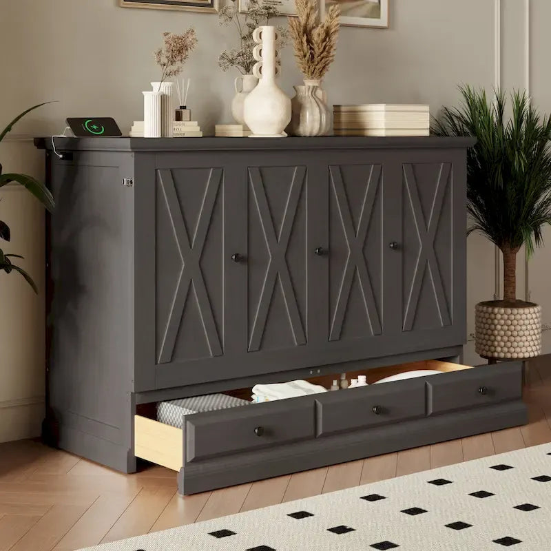 Armoire de lit escamotable avec station de charge et grand tiroir de rangement