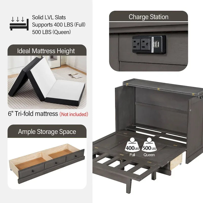 Armoire de lit escamotable avec station de charge et grand tiroir de rangement