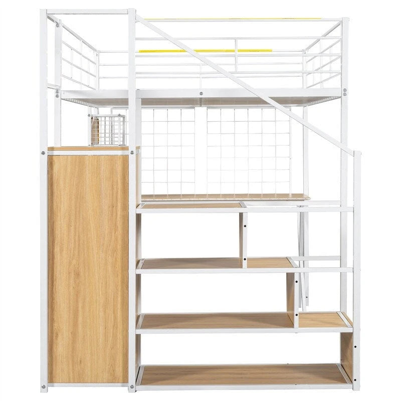 Lit mezzanine double/grand format avec bureau intégré, armoire et escalier de rangement