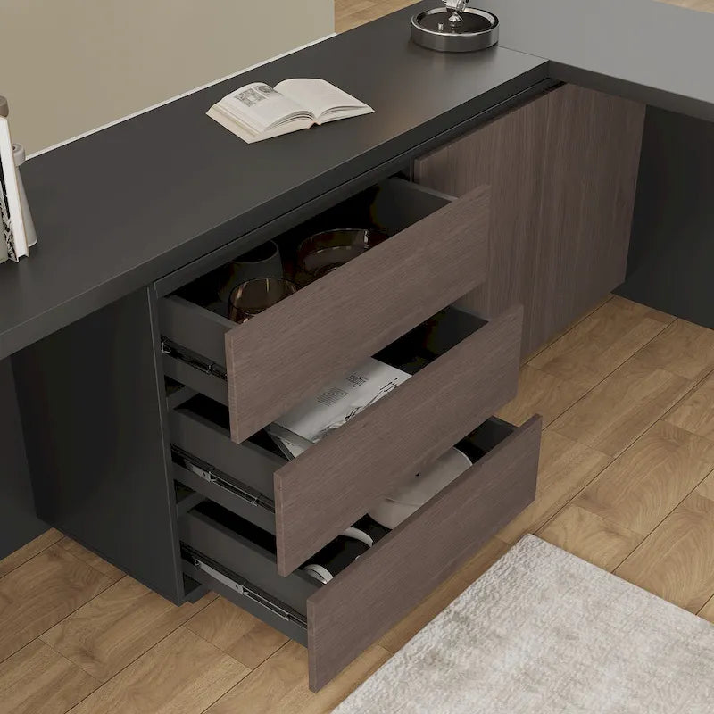 Bureau d'angle pour bureau à domicile avec tiroirs et rangement en armoire