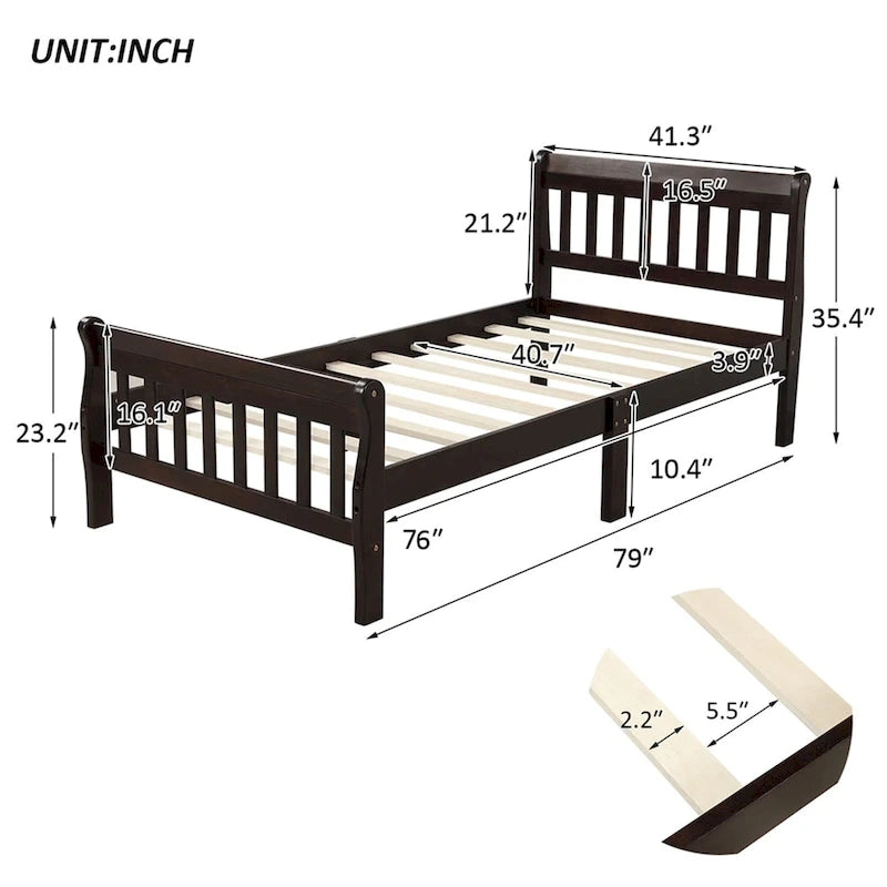 Lit plateforme en bois avec tête et pied de lit