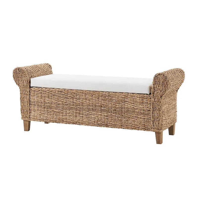 Banc de rangement en rotin style bohème et ferme avec motifs ajourés