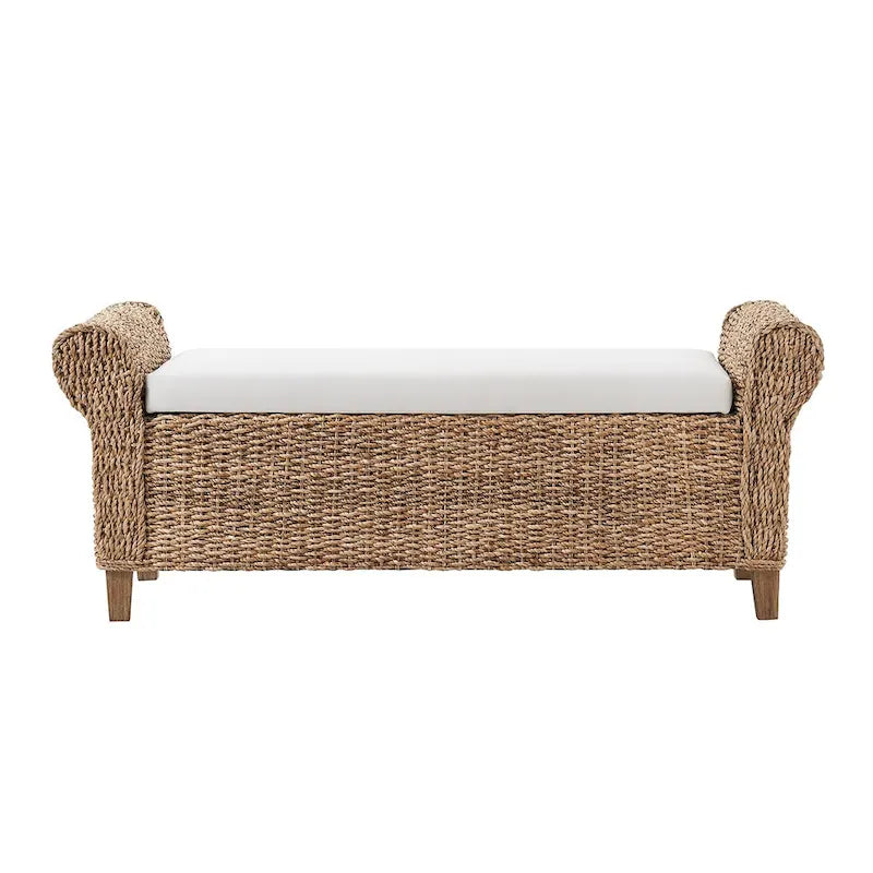 Banc de rangement en rotin style bohème et ferme avec motifs ajourés