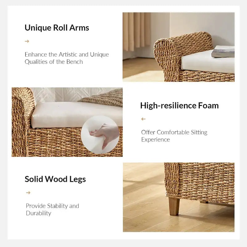 Banc de rangement en rotin style bohème et ferme avec motifs ajourés