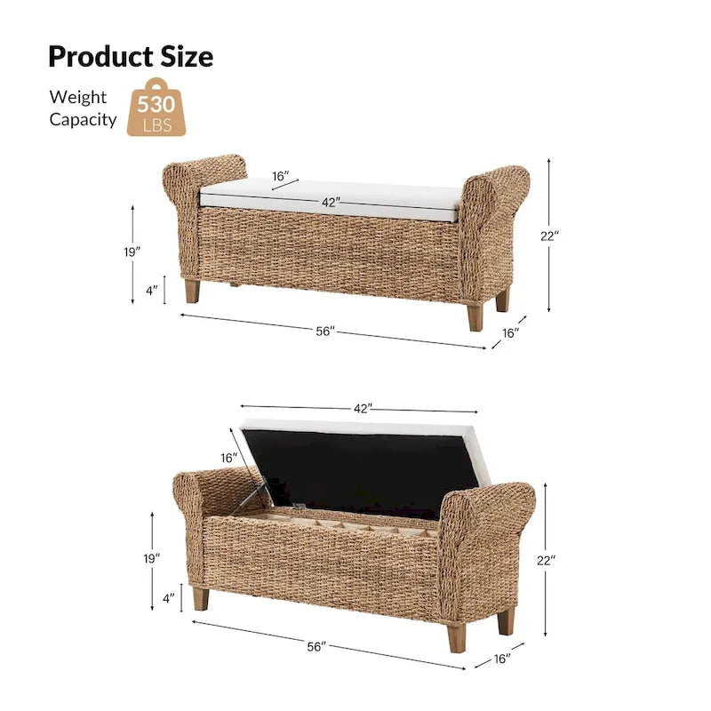 Banc de rangement en rotin style bohème et ferme avec motifs ajourés