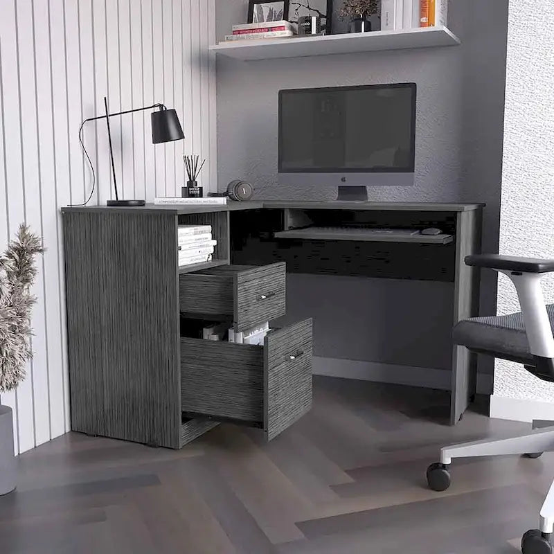Bureau d'angle avec tablette coulissante pour clavier et tiroirs de rangement
