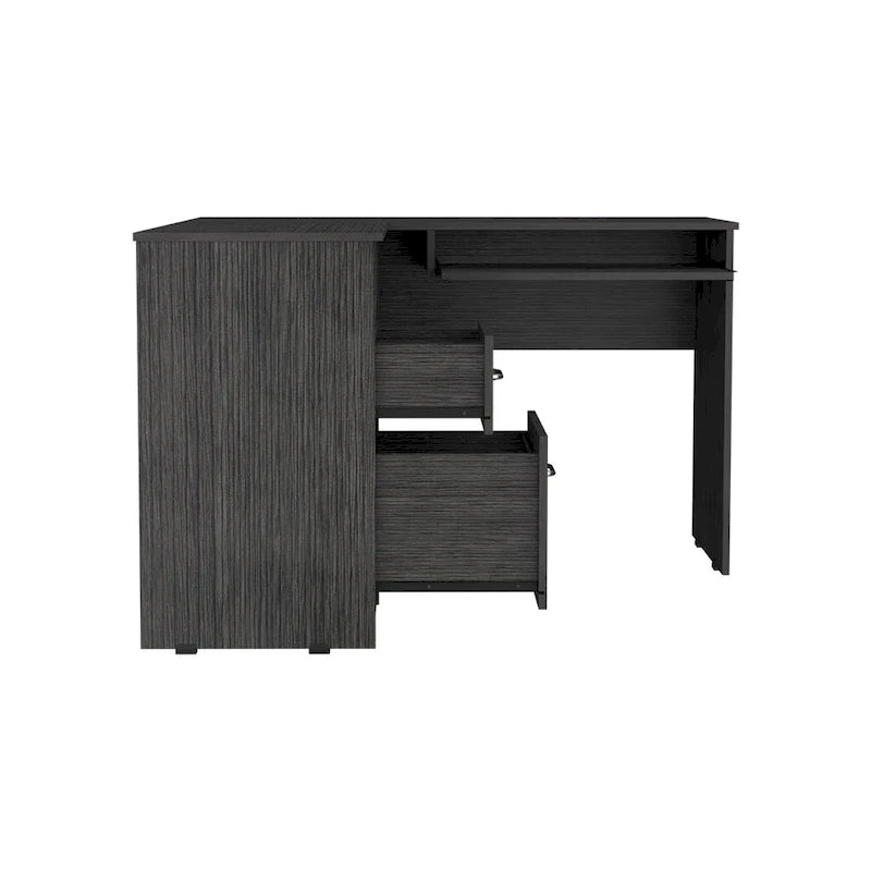 Bureau d'angle avec tablette coulissante pour clavier et tiroirs de rangement