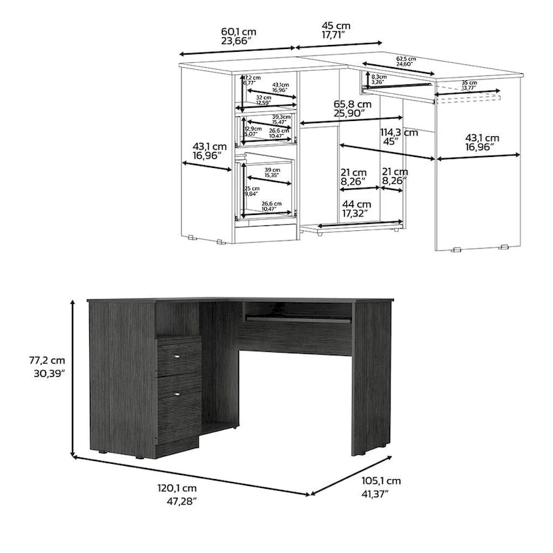 Bureau d'angle avec tablette coulissante pour clavier et tiroirs de rangement