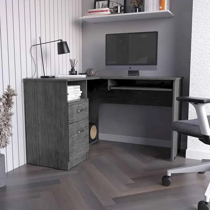 Bureau d'angle avec tablette coulissante pour clavier et tiroirs de rangement