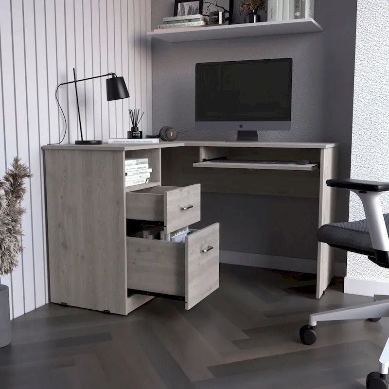 Bureau d'angle avec tablette coulissante pour clavier et tiroirs de rangement