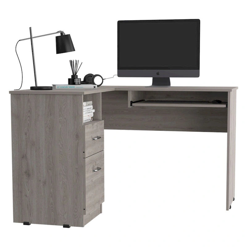 Bureau d'angle avec tablette coulissante pour clavier et tiroirs de rangement