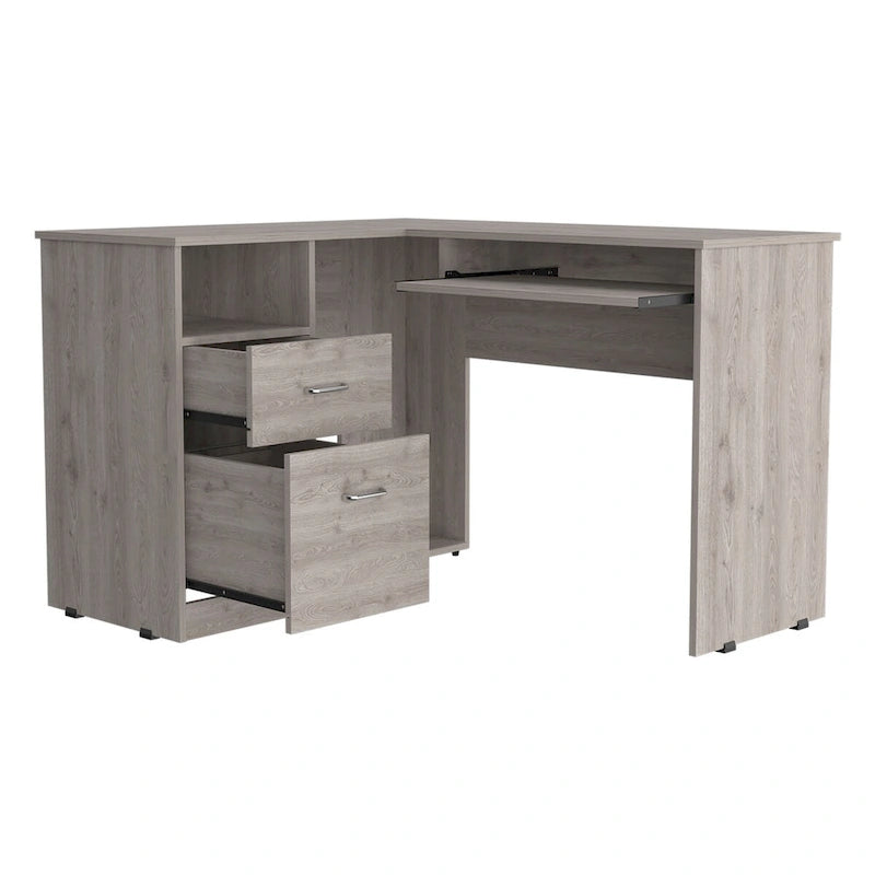 Bureau d'angle avec tablette coulissante pour clavier et tiroirs de rangement
