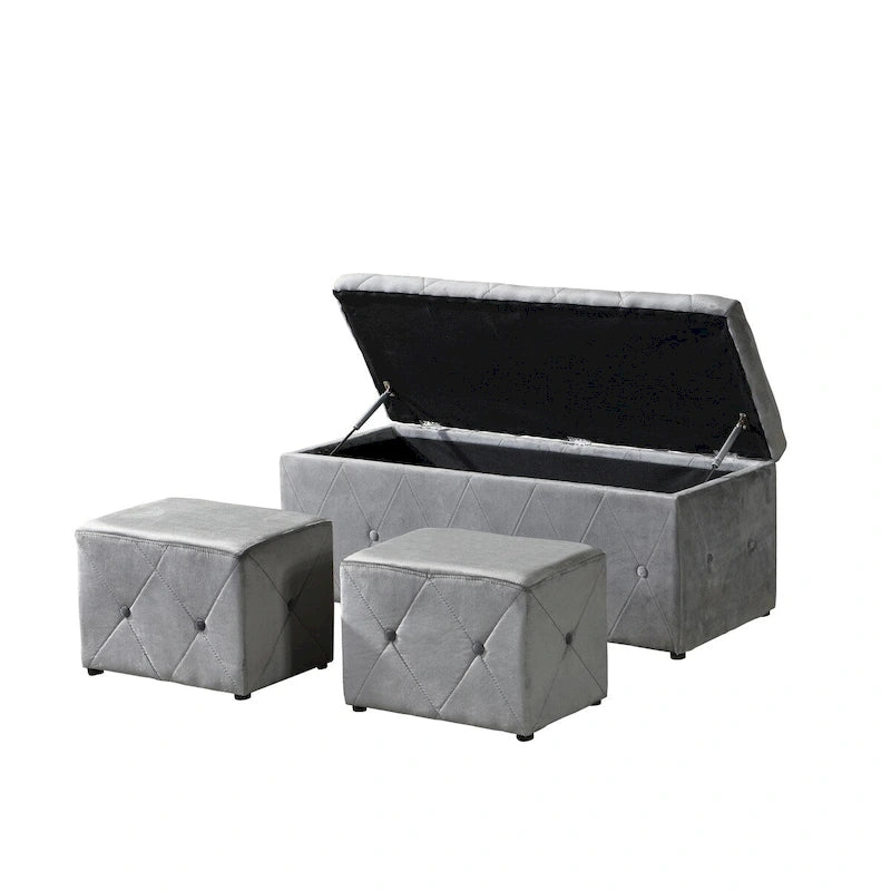 Pouf de rangement rectangulaire avec 2 poufs en velours