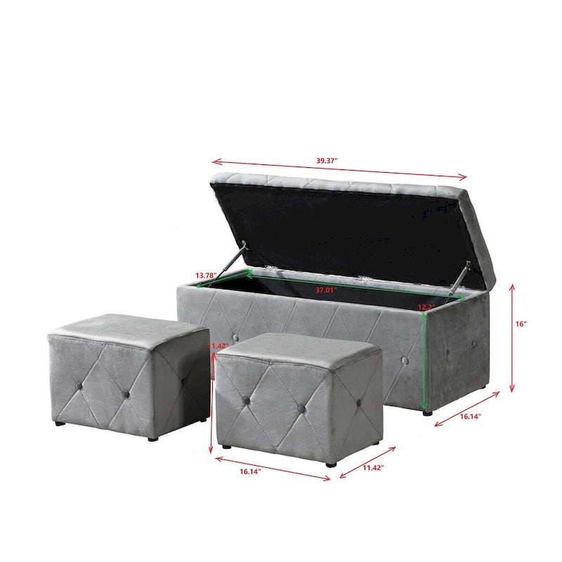 Pouf de rangement rectangulaire avec 2 poufs en velours