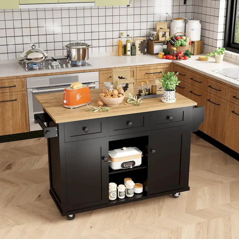 Îlot de cuisine sur 5 roulettes avec meuble de rangement et 3 tiroirs