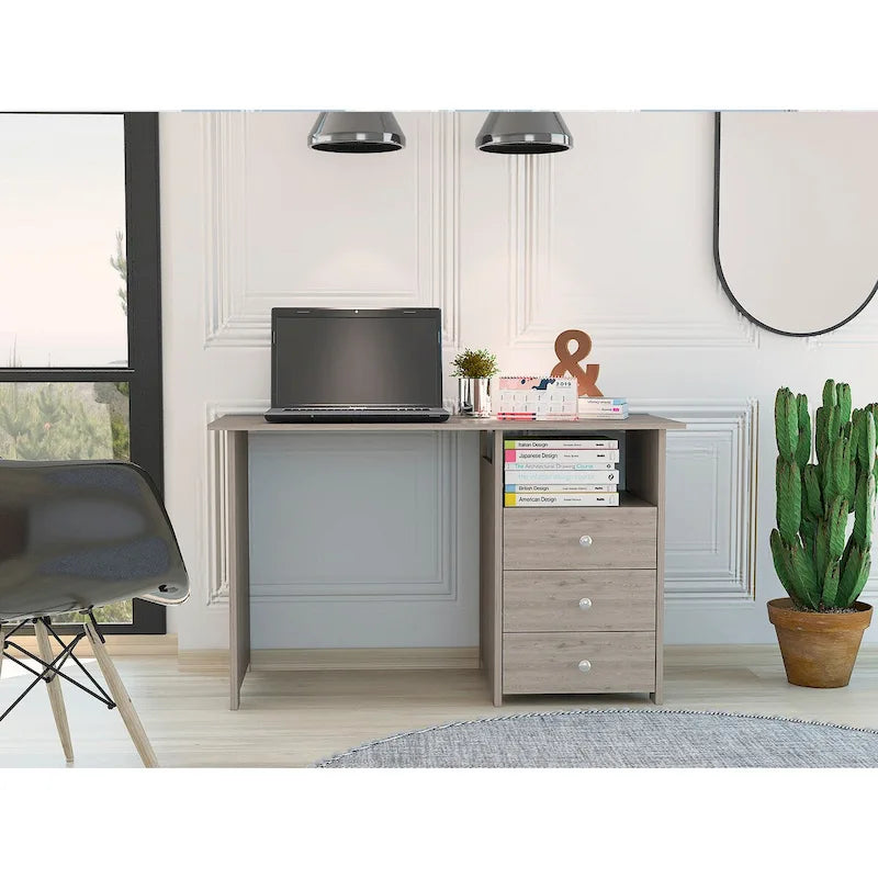 Bureau informatique moderne avec tiroirs et étagère ouverte