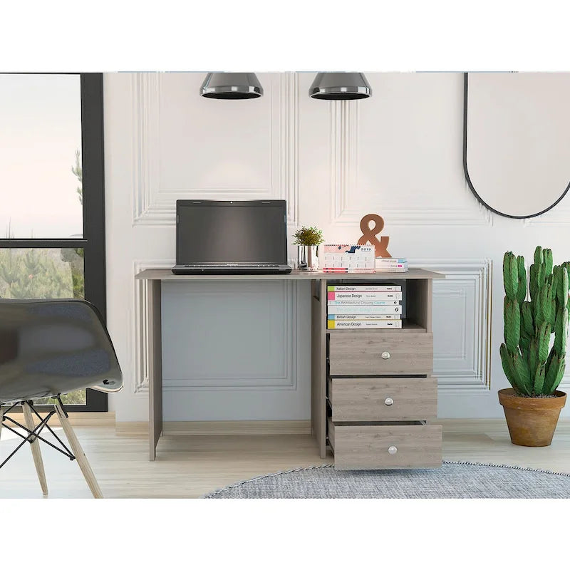 Bureau informatique moderne avec tiroirs et étagère ouverte