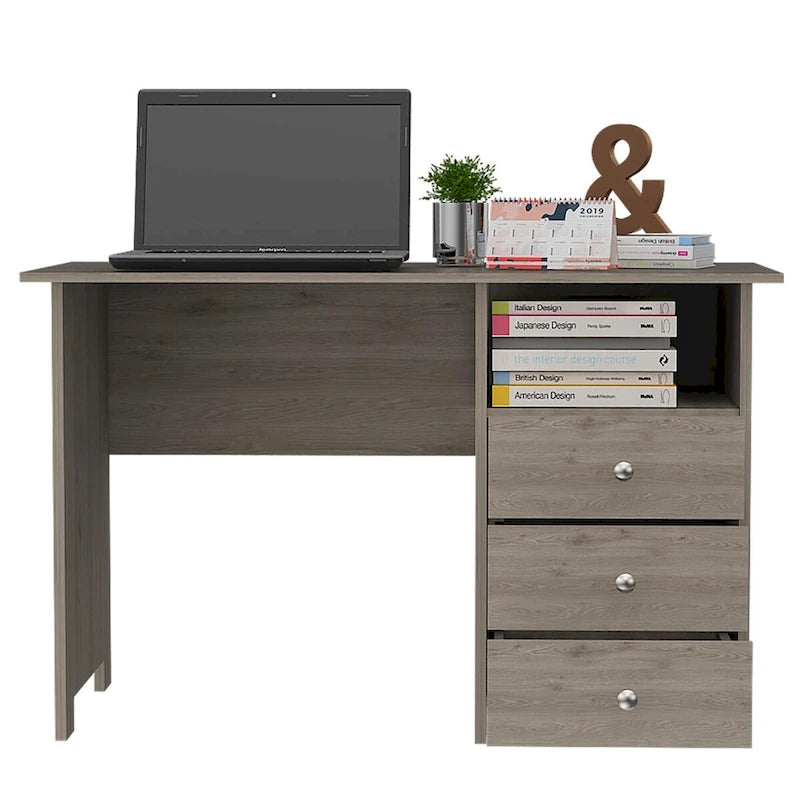 Bureau informatique moderne avec tiroirs et étagère ouverte