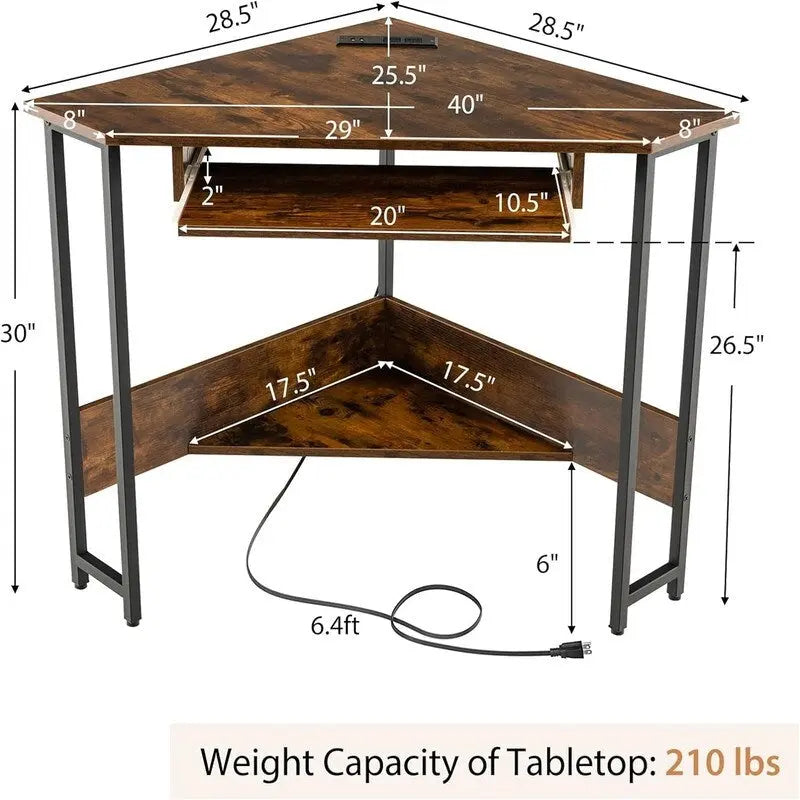 Bureau d'angle triangulaire avec prises de courant