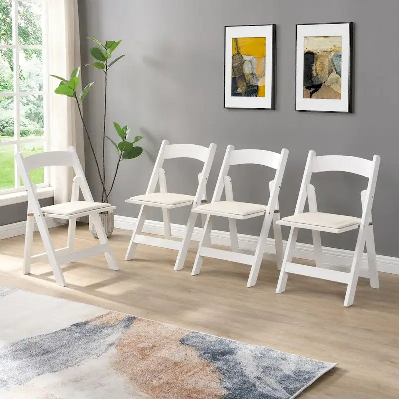 Chaise pliante rembourrée, lot de 4, coussin beige / cadre blanc, salle à manger